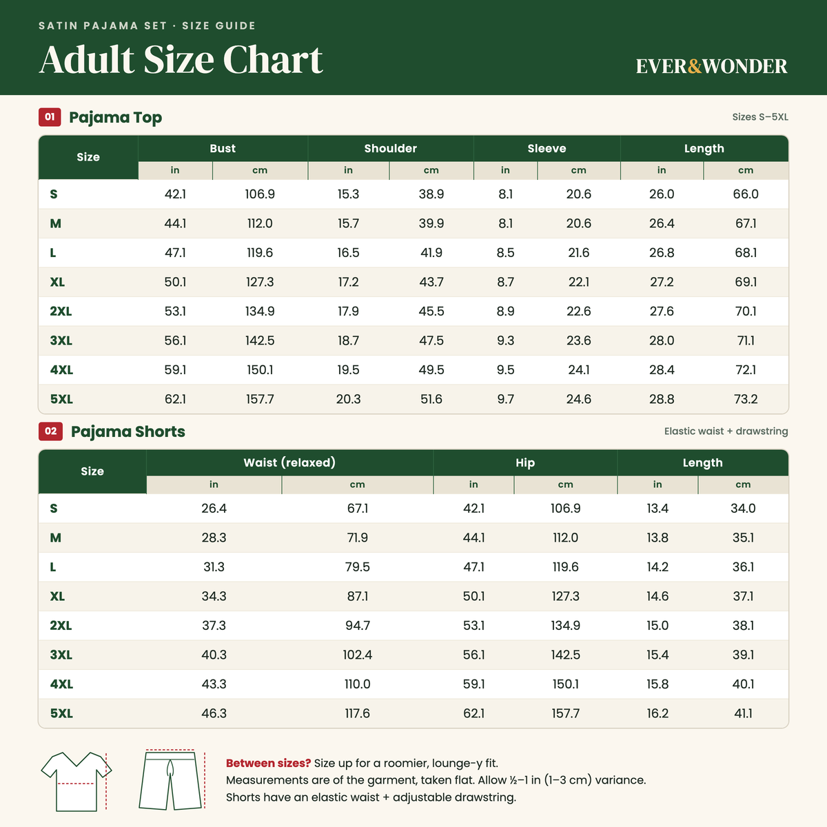 Adult satin pajama size chart