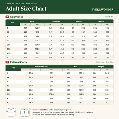 Adult satin pajama size chart