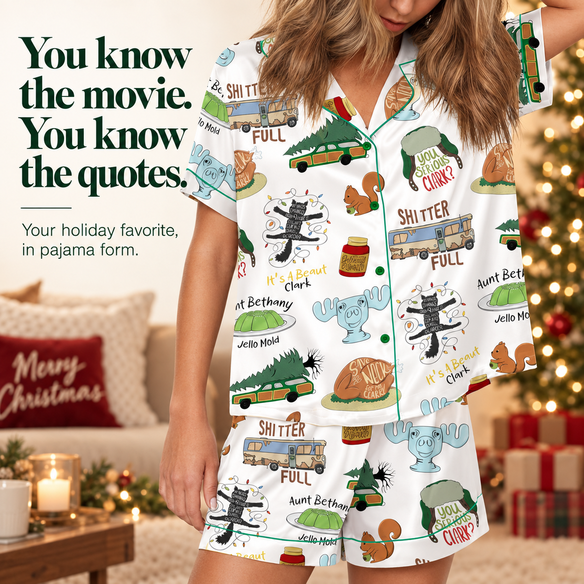 Close-up of Christmas Vacation satin pajama print with station wagon and moose mug