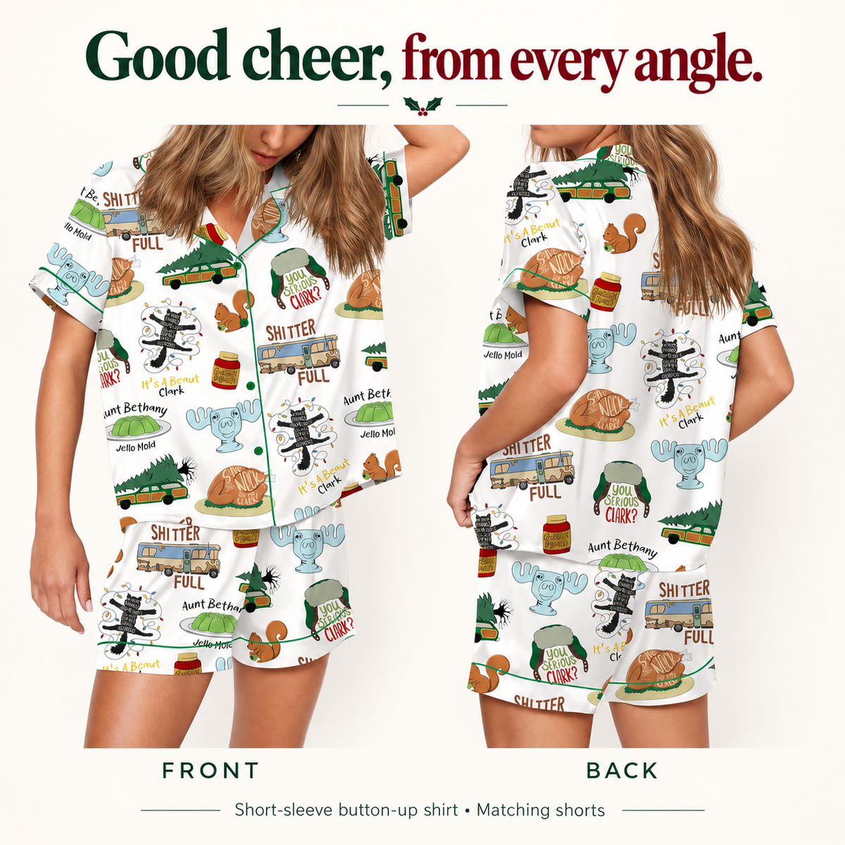 Front and back view of Christmas Vacation satin pajama set