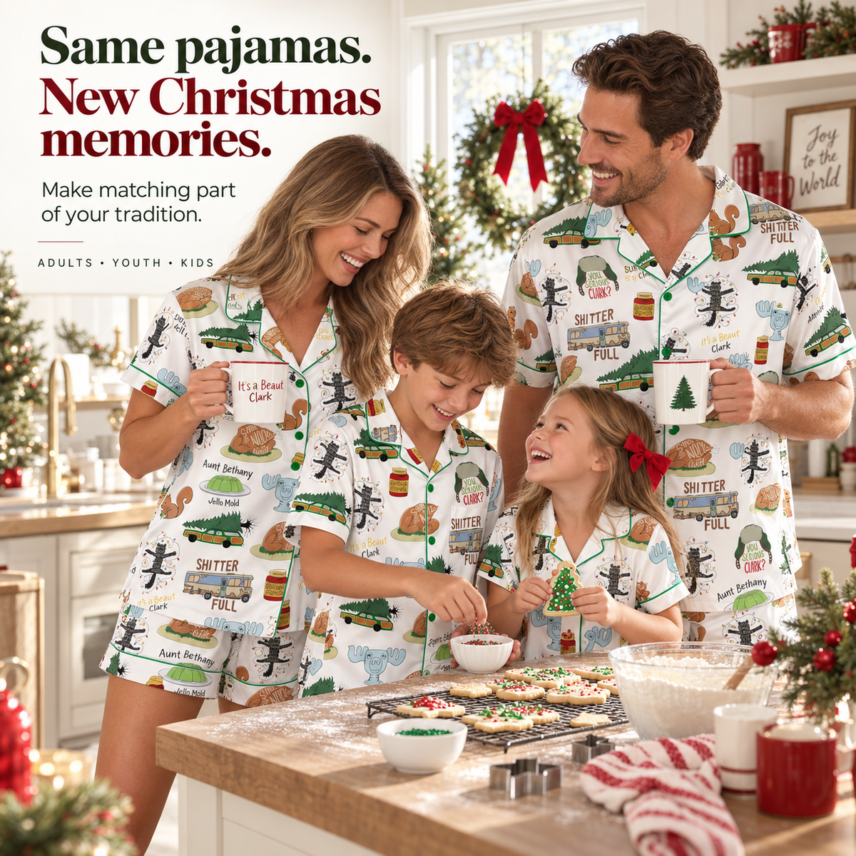 Family baking Christmas cookies in matching pajamas