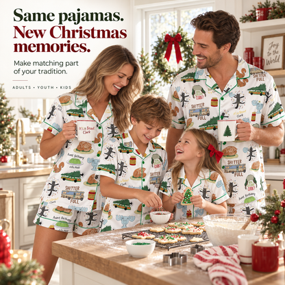 Family baking Christmas cookies in matching pajamas