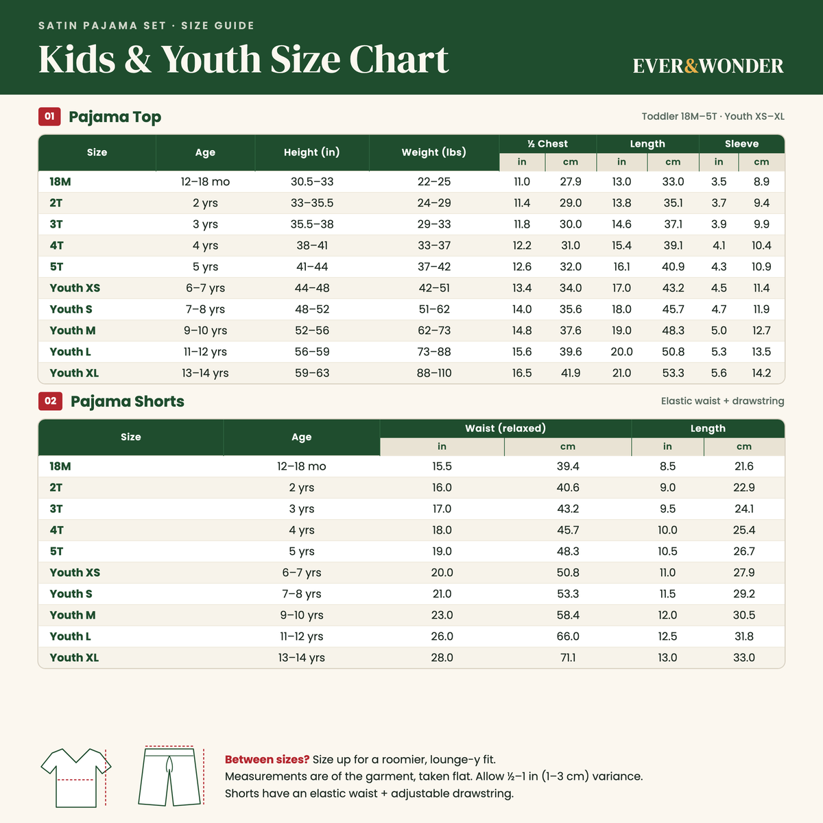 Kids and youth satin pajama size chart